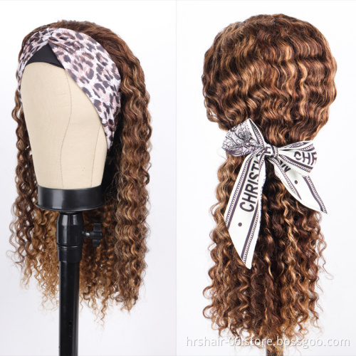 Drop Shipping 100% Virgin Brazilian Human Hair Headband Wigs Cheap Wholesale Deep Wave Highlight Ombre P4/27 Color No Lace Wigs